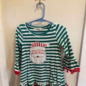 Green and White Striped Kids Dress with Santa Design
